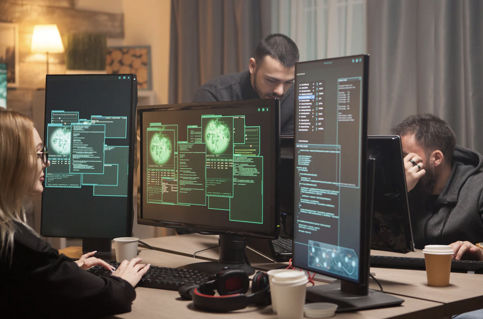 engenharia e desenvolvimento: a imagem mostra dois homens e uma mulher desenvolvendo uma estratégia digital e ela está com três telas de computador abertas na frete dela com um code